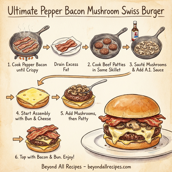 Ultimate Pepper Bacon Mushroom Swiss Burger instructions