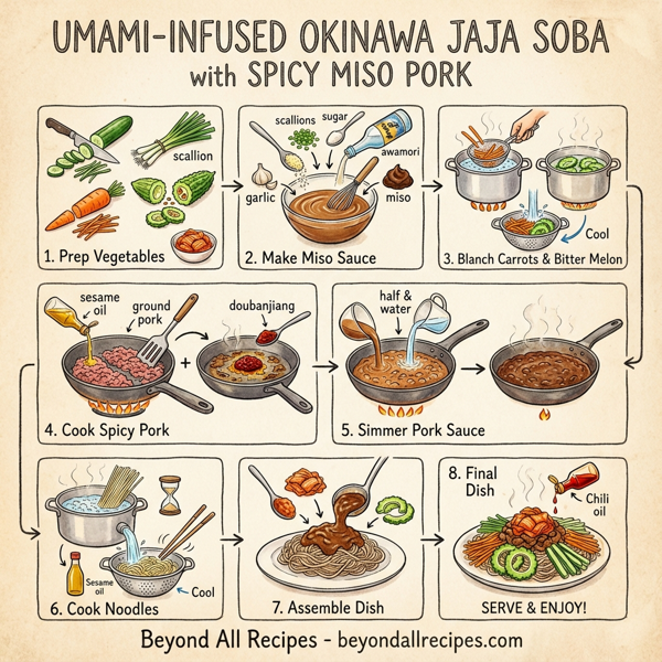 Umami-Infused Okinawa Jaja Soba with Spicy Miso Pork instructions