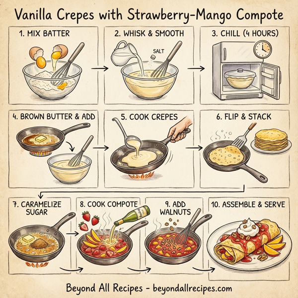 Vanilla Crepes with Strawberry-Mango Compote instructions