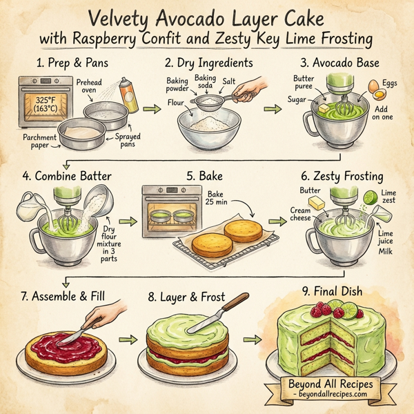 Velvety Avocado Layer Cake with Raspberry Confit and Zesty Key Lime Frosting instructions