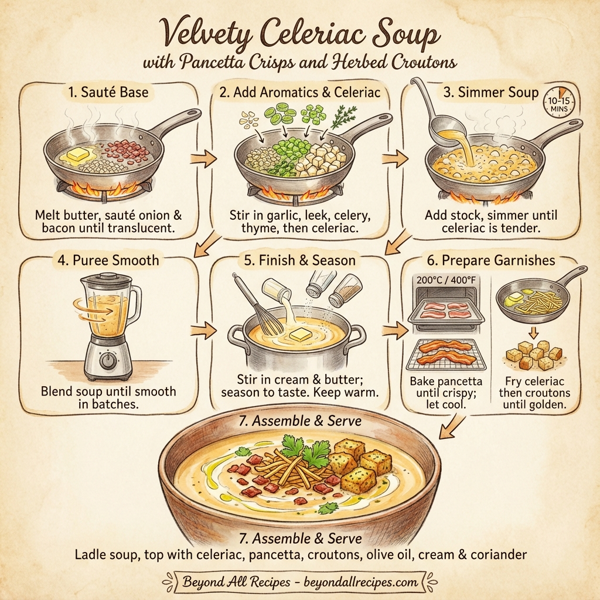Velvety Celeriac Soup with Pancetta Crisps and Herbed Croutons instructions