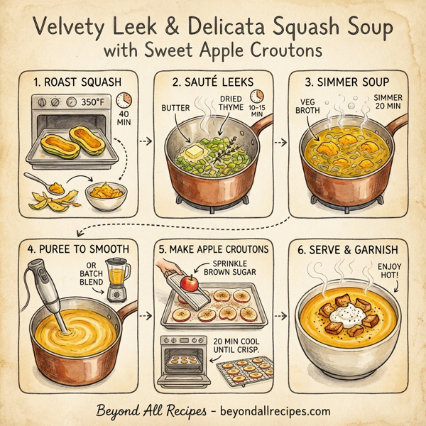 Velvety Leek & Delicata Squash Soup with Sweet Apple Croutons instructions