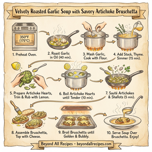 Velvety Roasted Garlic Soup with Savory Artichoke Bruschetta instructions