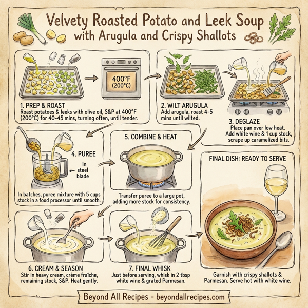 Velvety Roasted Potato and Leek Soup with Arugula and Crispy Shallots instructions