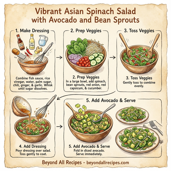 Vibrant Asian Spinach Salad with Avocado and Bean Sprouts instructions