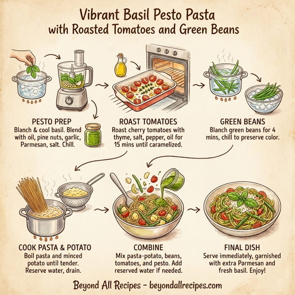 Vibrant Basil Pesto Pasta with Roasted Tomatoes and Green Beans instructions