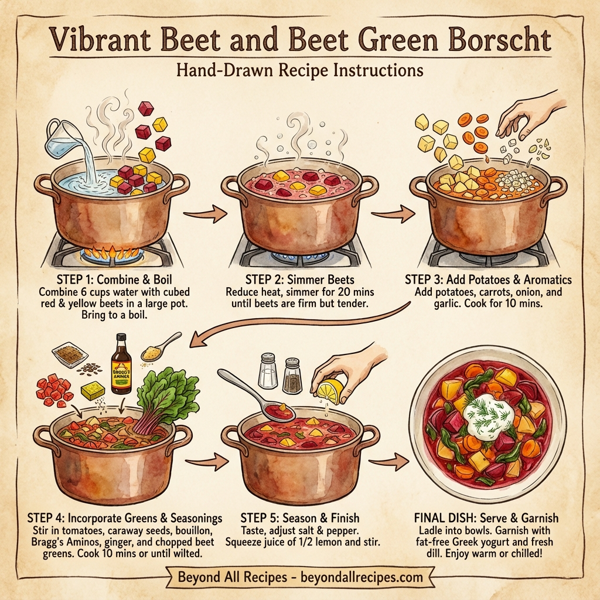 Vibrant Beet and Beet Green Borscht instructions