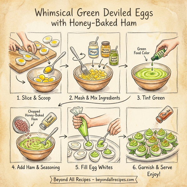 Whimsical Green Deviled Eggs with Honey-Baked Ham instructions