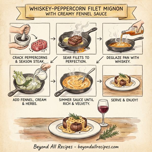 Whiskey-Peppercorn Filet Mignon with Creamy Fennel Sauce instructions