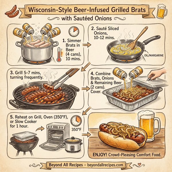 Wisconsin-Style Beer-Infused Grilled Brats with Sautéed Onions instructions