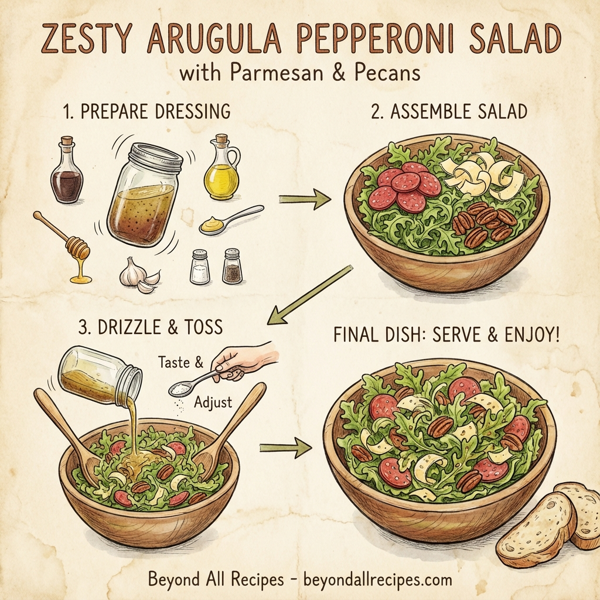 Zesty Arugula Pepperoni Salad with Parmesan and Pecans instructions