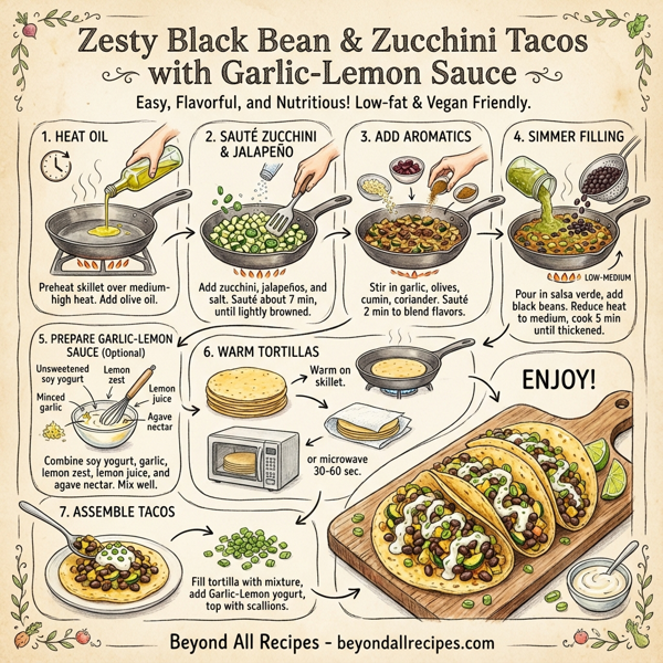 Zesty Black Bean & Zucchini Tacos with Garlic-Lemon Sauce instructions