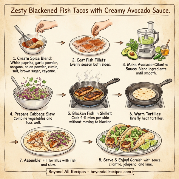 Zesty Blackened Fish Tacos with Creamy Avocado Sauce instructions