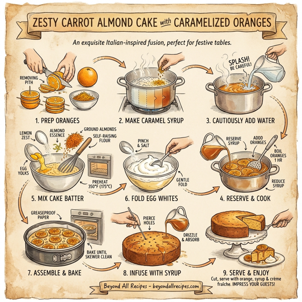 Zesty Carrot Almond Cake with Caramelized Oranges instructions