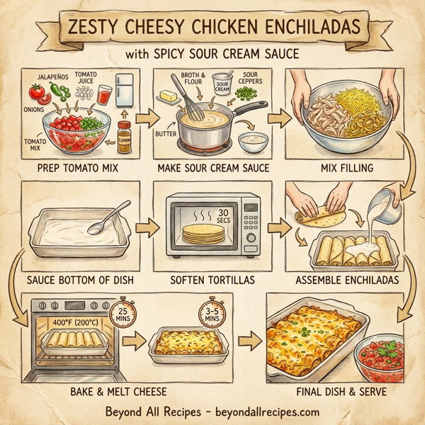 Zesty Cheesy Chicken Enchiladas with Spicy Sour Cream Sauce instructions