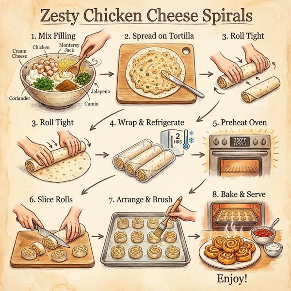Zesty Chicken Cheese Spirals instructions