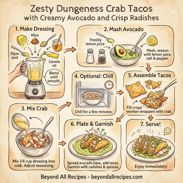 Zesty Dungeness Crab Tacos with Creamy Avocado and Crisp Radishes instructions