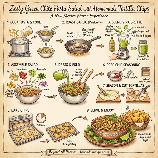 Zesty Green Chile Pasta Salad with Homemade Tortilla Chips instructions
