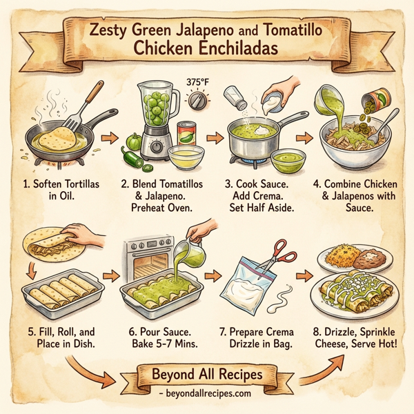 Zesty Green Jalapeno and Tomatillo Chicken Enchiladas instructions