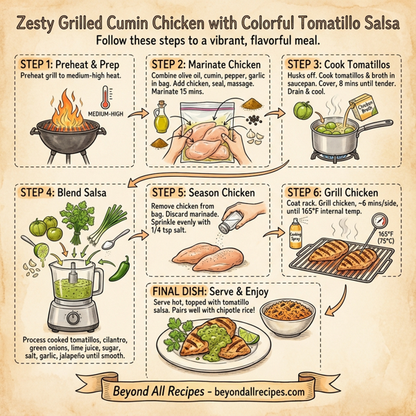 Zesty Grilled Cumin Chicken with Colorful Tomatillo Salsa instructions