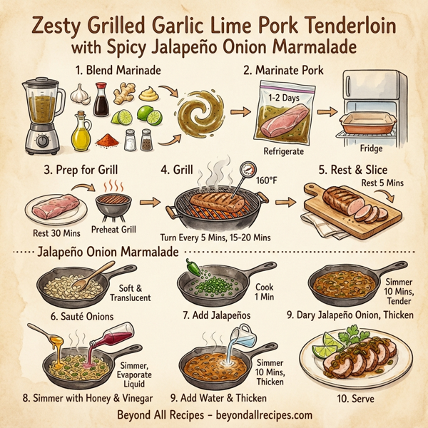 Zesty Grilled Garlic Lime Pork Tenderloin with Spicy Jalapeño Onion Marmalade instructions