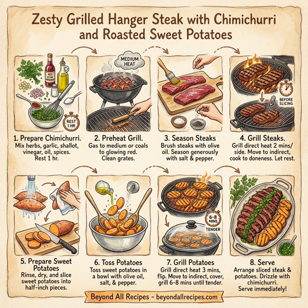 Zesty Grilled Hanger Steak with Chimichurri and Roasted Sweet Potatoes instructions