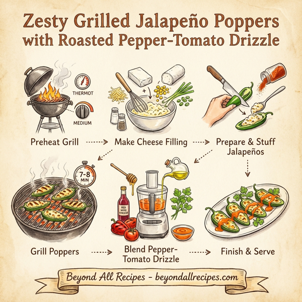 Zesty Grilled Jalapeño Poppers with Roasted Pepper-Tomato Drizzle instructions