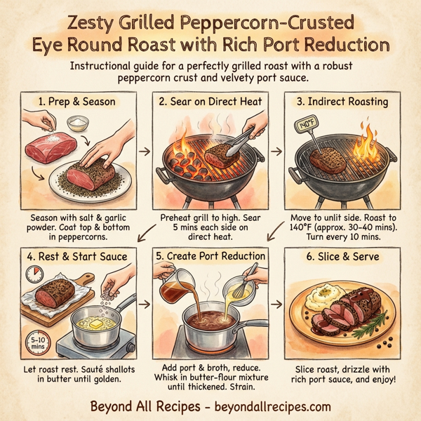 Zesty Grilled Peppercorn-Crusted Eye Round Roast with Rich Port Reduction instructions
