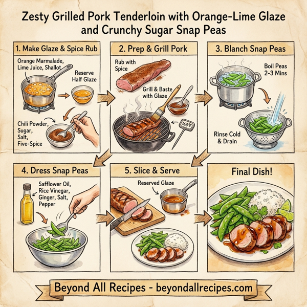 Zesty Grilled Pork Tenderloin with Orange-Lime Glaze and Crunchy Sugar Snap Peas instructions