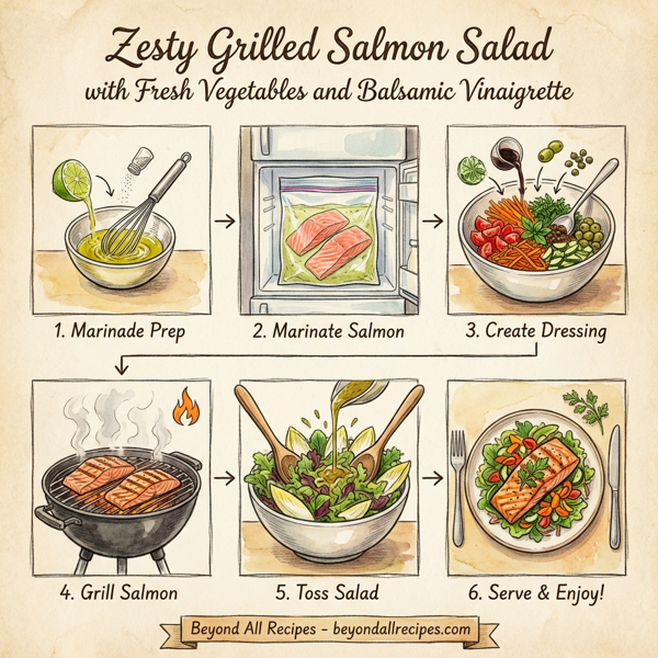 Zesty Grilled Salmon Salad with Fresh Vegetables and Balsamic Vinaigrette instructions