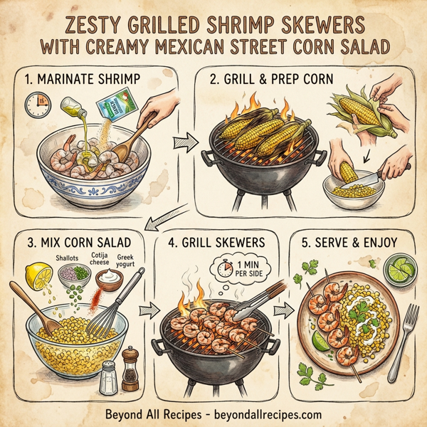 Zesty Grilled Shrimp Skewers with Creamy Mexican Street Corn Salad instructions