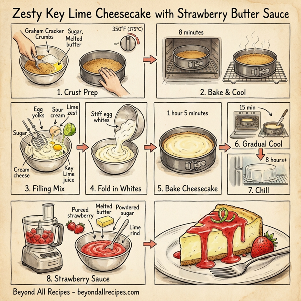 Zesty Key Lime Cheesecake with Strawberry Butter Sauce instructions
