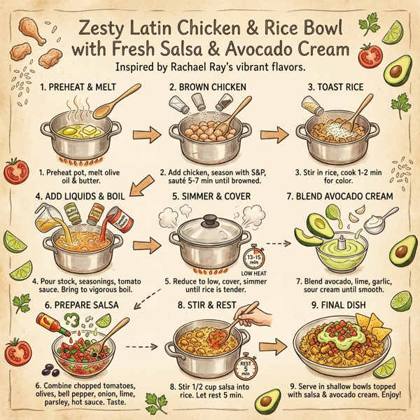 Zesty Latin Chicken and Rice Bowl with Fresh Salsa & Avocado Cream instructions