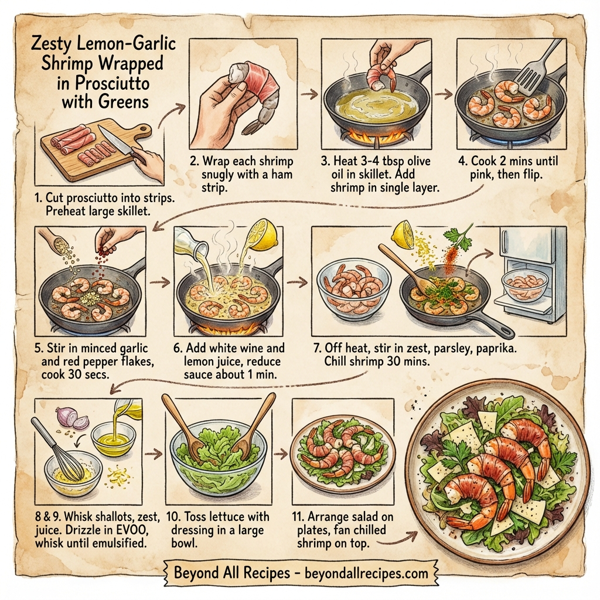 Zesty Lemon-Garlic Shrimp Wrapped in Prosciutto with Greens instructions