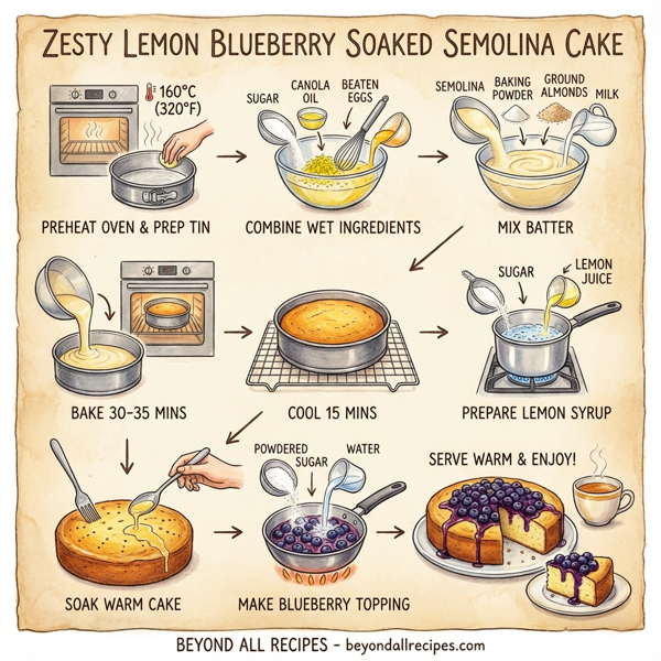 Zesty Lemon Blueberry Soaked Semolina Cake instructions