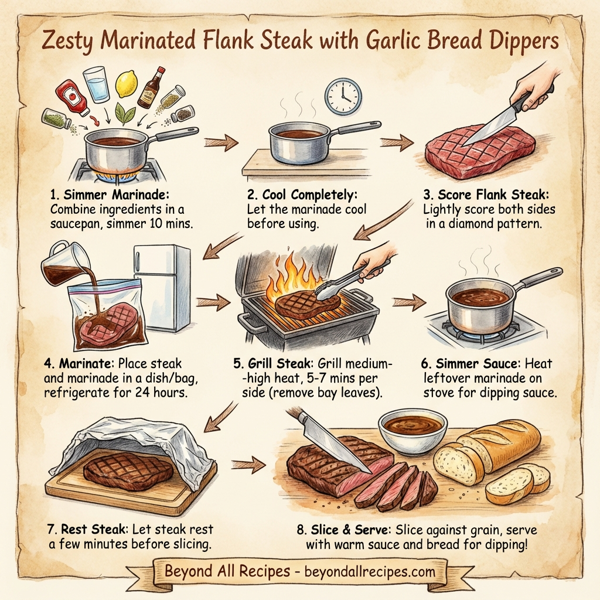 Zesty Marinated Flank Steak with Garlic Bread Dippers instructions