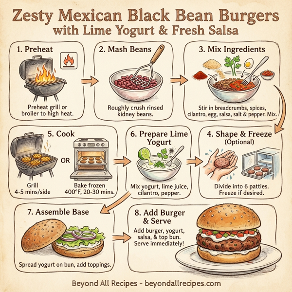 Zesty Mexican Black Bean Burgers with Lime Yogurt & Fresh Salsa instructions