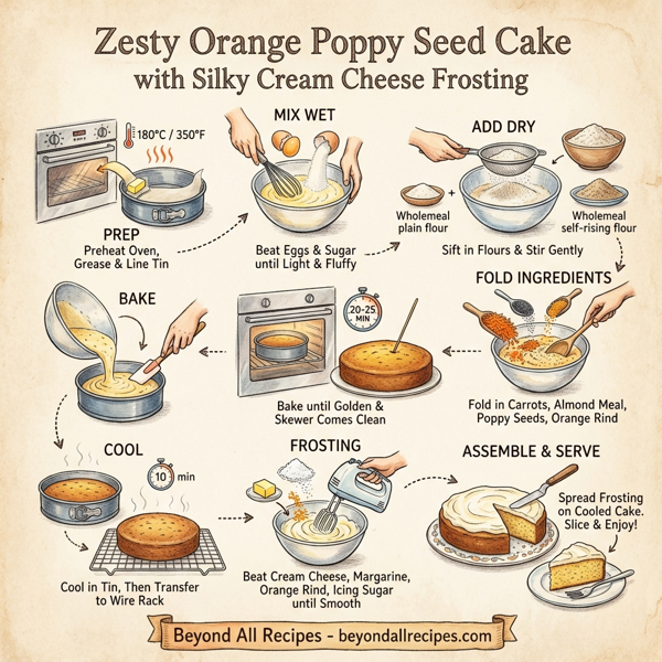 Zesty Orange Poppy Seed Cake with Silky Cream Cheese Frosting instructions