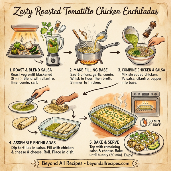 Zesty Roasted Tomatillo Chicken Enchiladas instructions