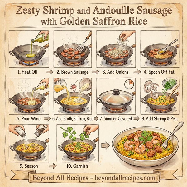 Zesty Shrimp and Andouille Sausage with Golden Saffron Rice instructions