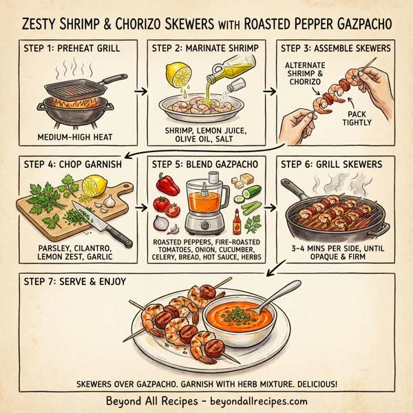 Zesty Shrimp and Chorizo Skewers with Roasted Pepper Gazpacho instructions