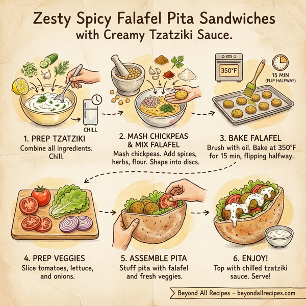 Zesty Spicy Falafel Pita Sandwiches with Creamy Tzatziki Sauce instructions