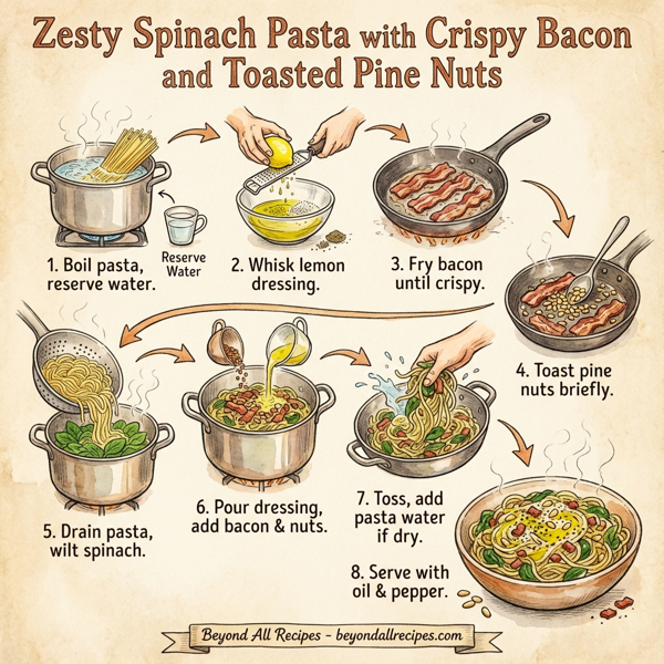 Zesty Spinach Pasta with Crispy Bacon and Toasted Pine Nuts instructions