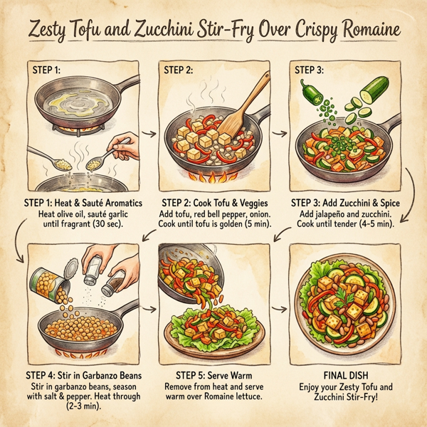 Zesty Tofu and Zucchini Stir-Fry Over Crispy Romaine instructions