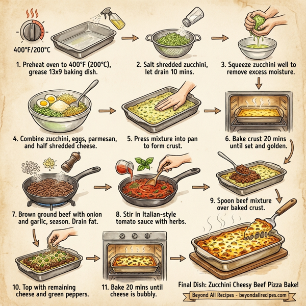 Zucchini Cheesy Beef Pizza Bake instructions